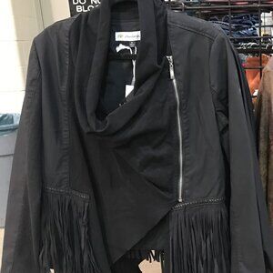 Montanaco Black Vegan Leather western Fringe Drape front  jacket XS S M XL